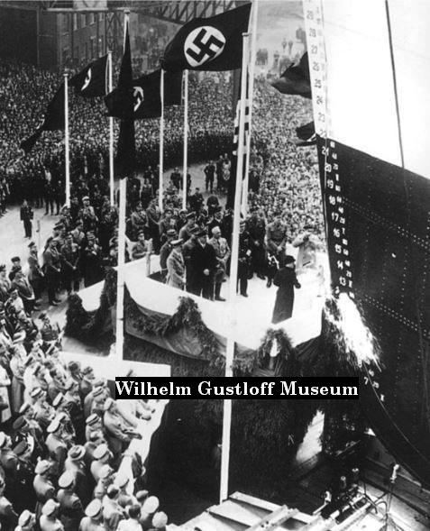 Hedwig Gustloff, widow of Wilhelm Gustloff christens the Wilhelm Gustloff by throwing a bottle of champagne on the ship